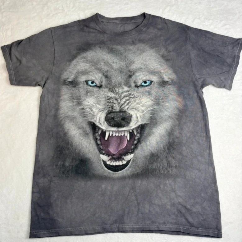 The Mountain Wolf Graphic T Shirt Grey Tie Dye Blue Eyes Print Size M Casual