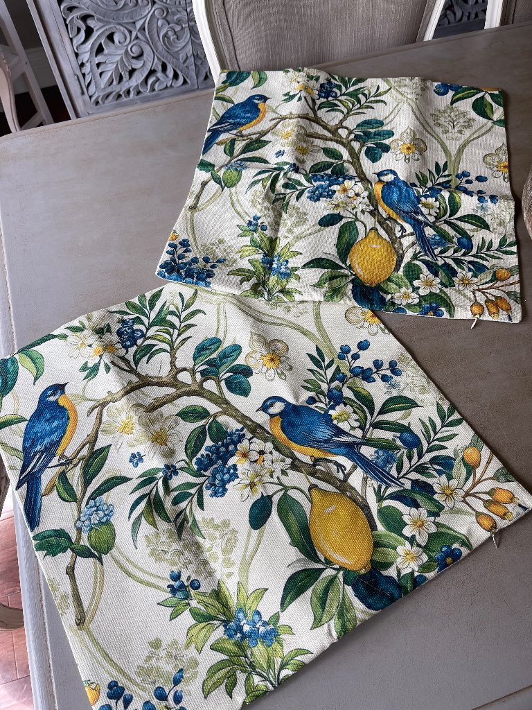 Farmhouse style summer spring cushion covers in burlap material, lemons and birds