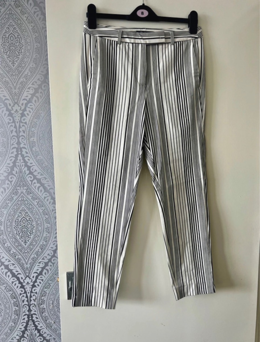 Ladies white & black stripe cotton mix trousers