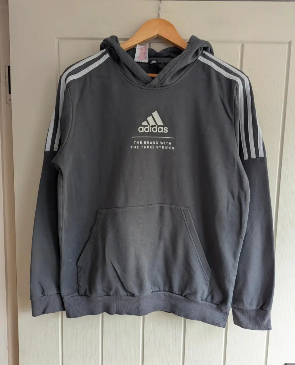 Adidas Grey Kids Hoodie Age 15-16 Years Three Stripes Pullover Jumper