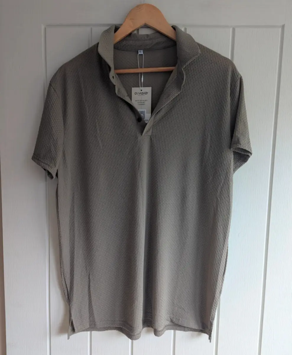 Ovvababy XL Men’s Summer Polo Top | Lightweight Textured Khaki Grey Short Sleeve Shirt