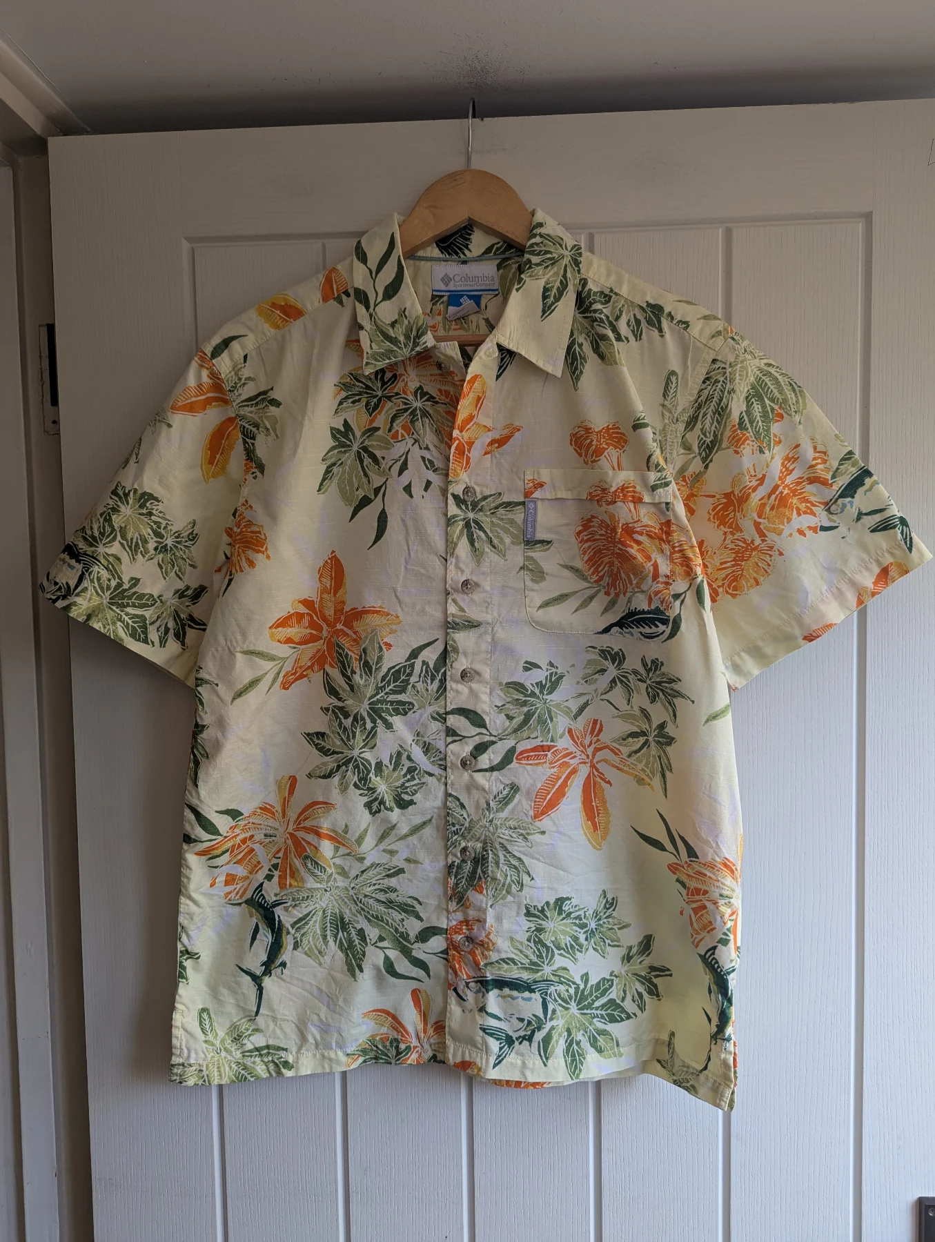 Columbia Men’s Floral Hawaiian Shirt Small Cream Orange Green Short Sleeve