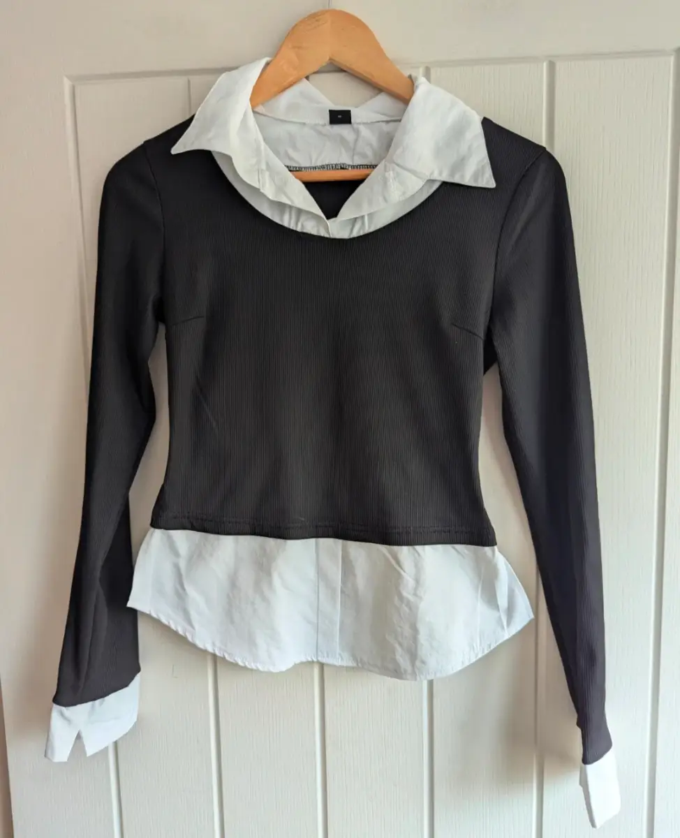 Women’s Black & White Layered Look Long Sleeve Top Size M UK 10 approx | Ribbed Collared Blouse