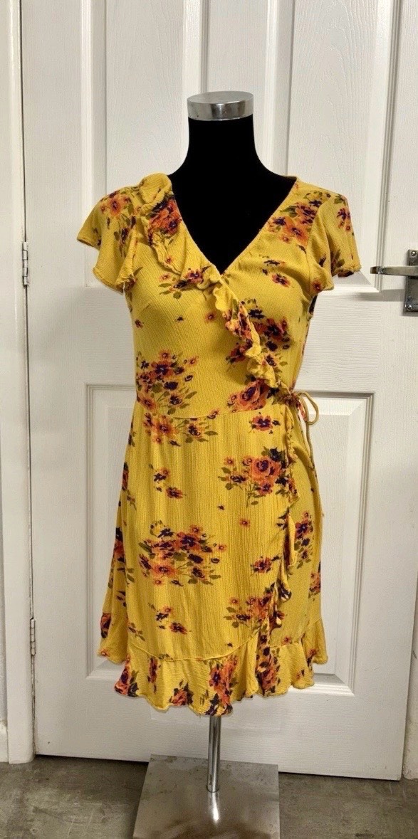 Pins And Needles Mustard Yellow Floral Wrap Ruffle Summer Dress Size Medium