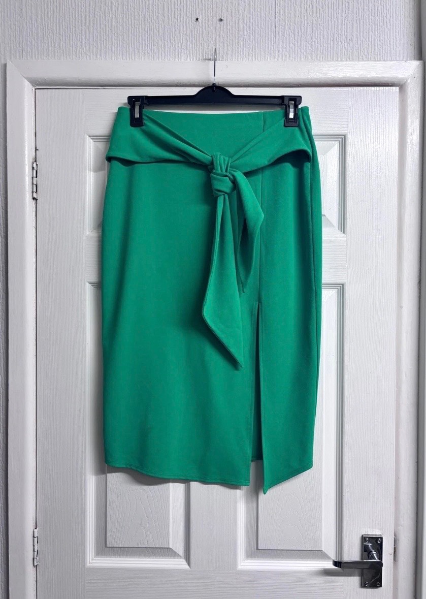 Michelle Keegan Bright Green Belted Midi Pencil Skirt with Side Split Size 14