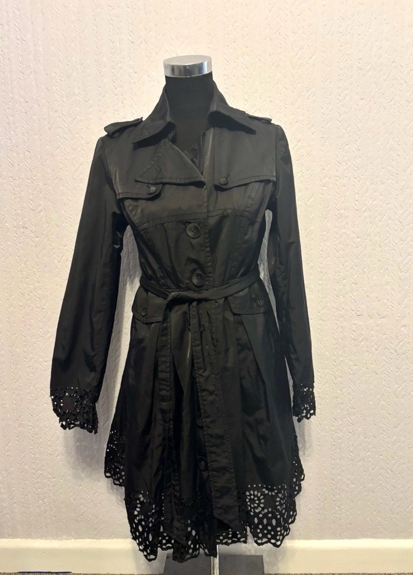 Ronit Zilkha Black Trench Coat with Laser Cut Hem & UK Size 12