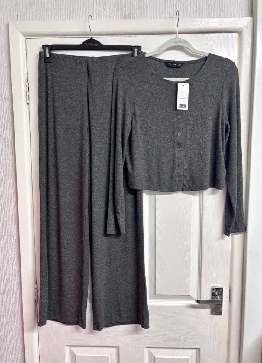 F&F Grey Glitter Co-ord Set Cardigan & Wide Leg Trousers Size 8-10 New with Tags