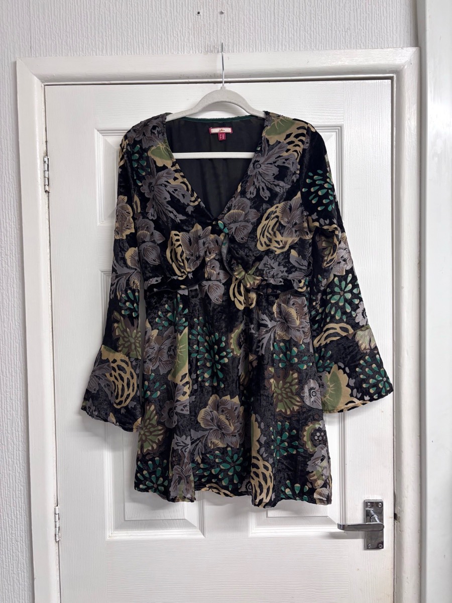 Joe Browns Velvet Floral Tunic Dress / Top Black Green Black - Size UK 12