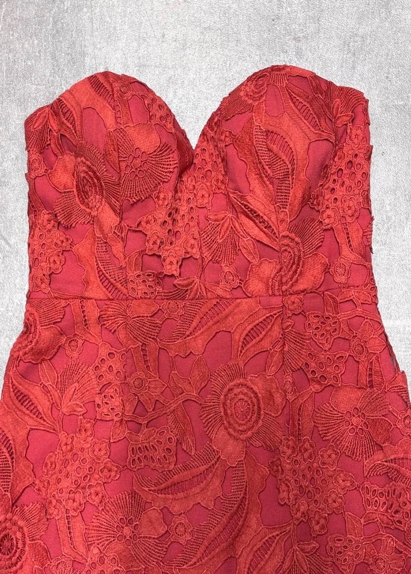 Elle Zeitoune Burnt Orange / Rust Lace Strapless Midi Dress Size 8