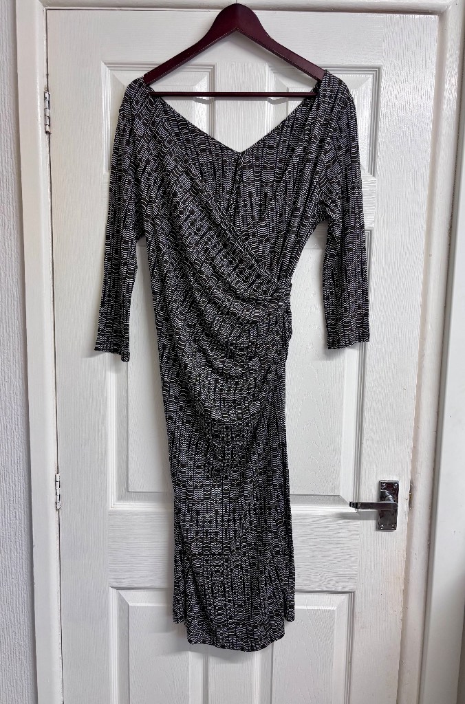 Jaeger Monochrome Geometric Print Ruched Midi Dress Size 14