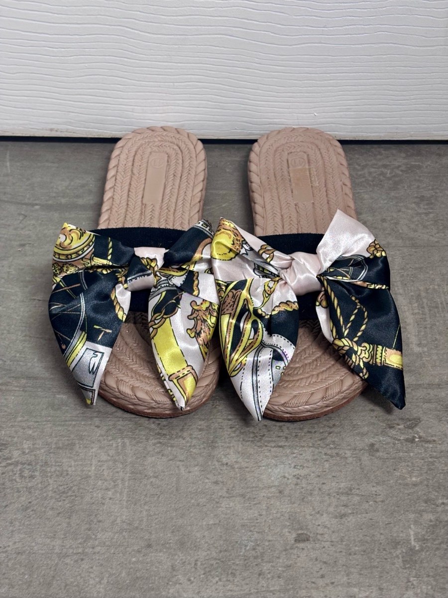 Baroque Print Bow Espadrille Slide Sandals - Size UK 7.5 EU 41