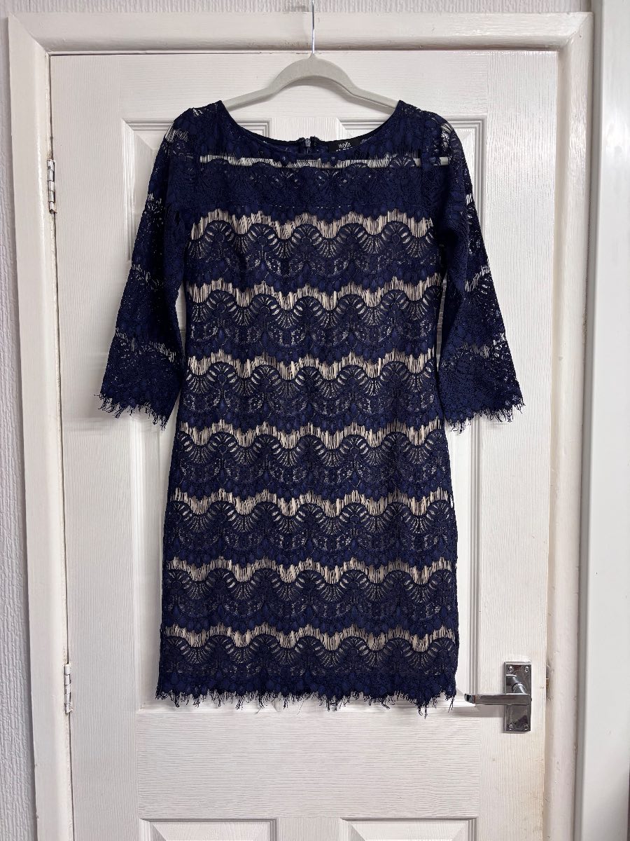 Wallis Navy Blue Lace Mini Shift 3/4 Sleeve Dress Size UK 12