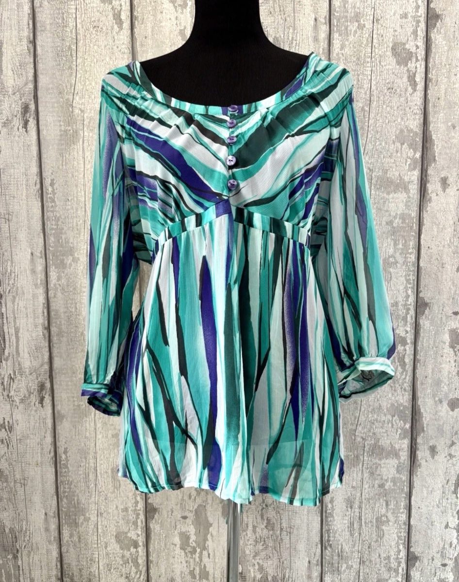 Per Una Turquoise Striped Long Sleeve Sheer Blouse Top Size 16