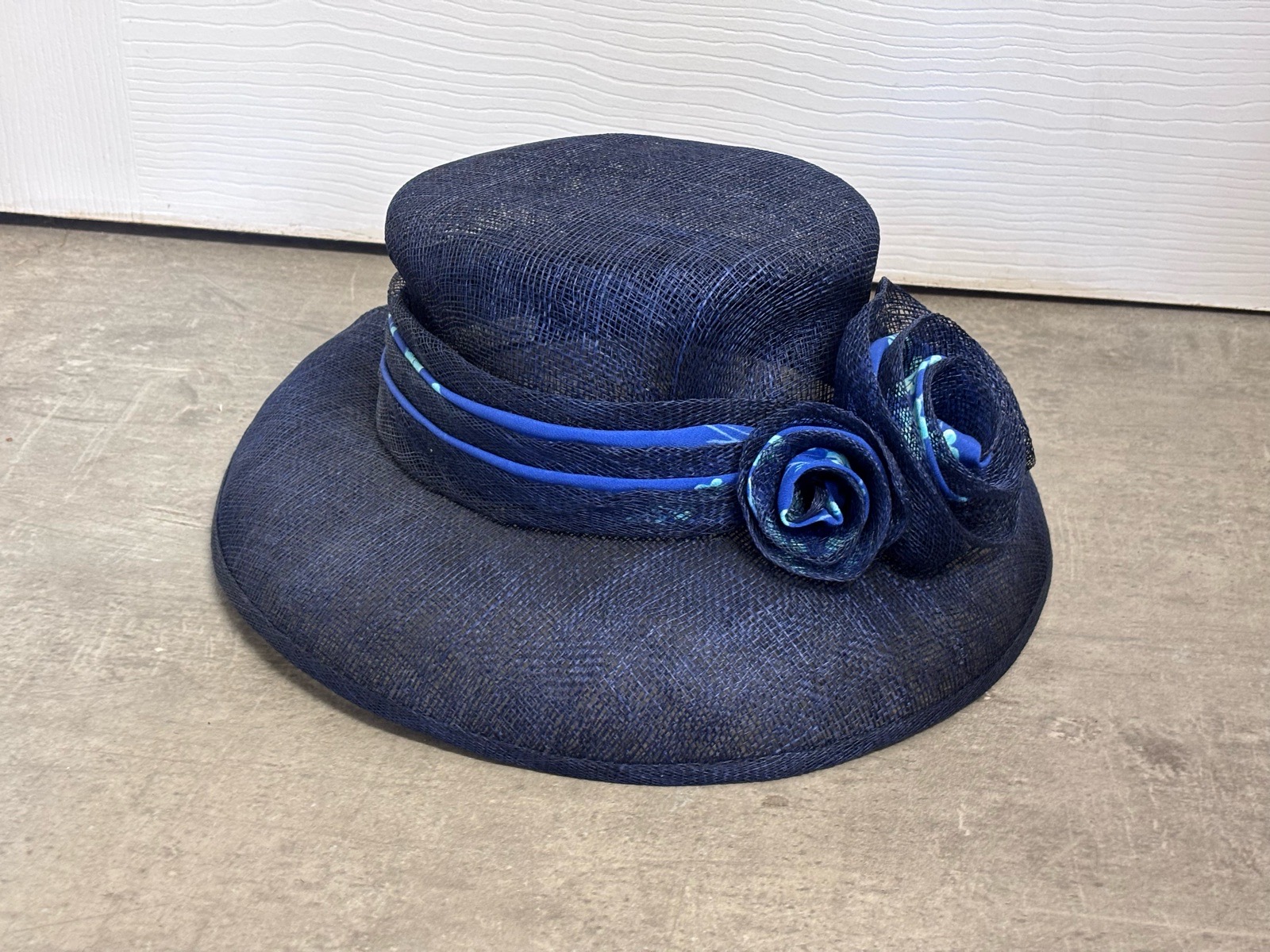 BHS Navy Blue Sinamay Formal Occasion Wedding Guest Hat with Floral Detail