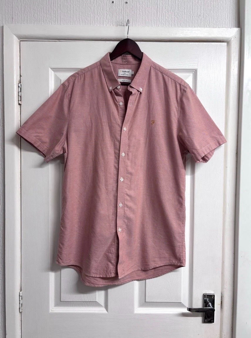 Farah Pink Short Sleeve 100% Organic Cotton Shirt Size Large Slim Fit