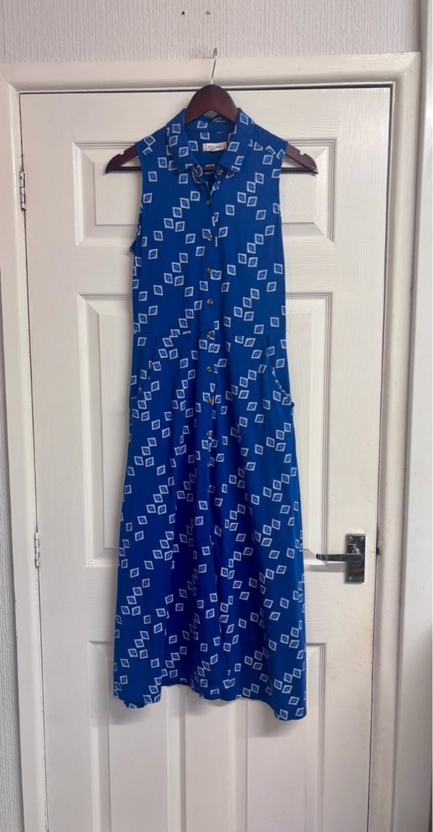 White Stuff Blue Geometric Print Sleeveless Midi Shirt Dress with Pockets - UK 8