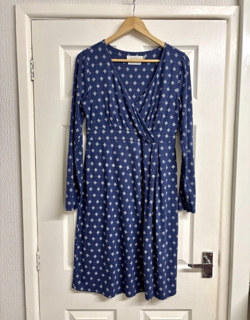 Seasalt Cornwall Navy Blue Floral Bamboo Faux-Wrap Midi Dress - Size 12