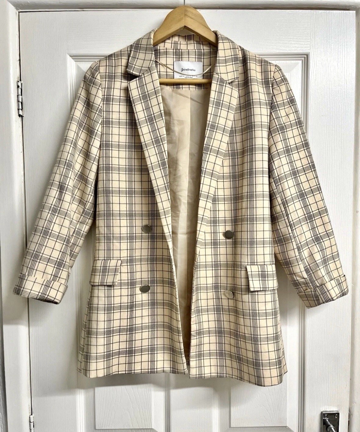 Stradivarius Cream & Black Check Double-Breasted Blazer Jacket - UK Size Small