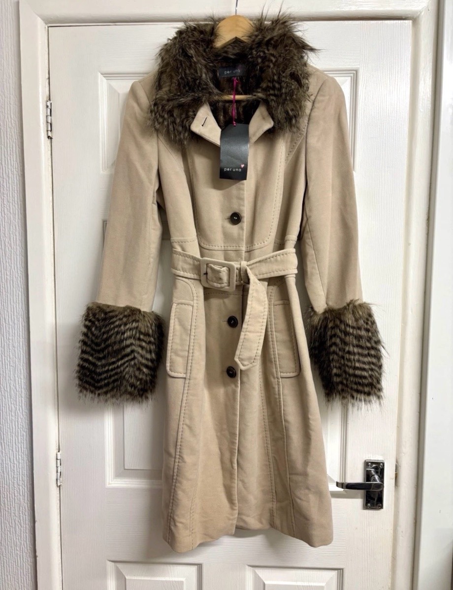 Per Una Beige Trench Coat Faux Fur Trim UK 16 New With Tags NWT RRP £99
