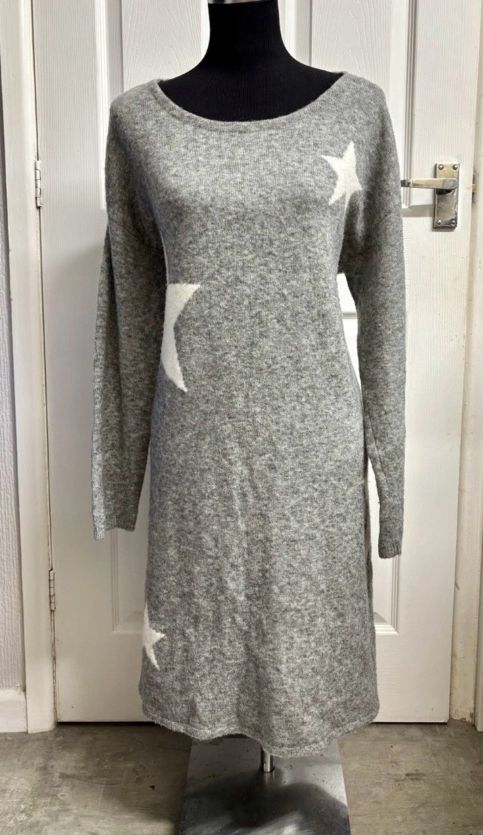 FatFace Grey & White Star Print Long Sleeve Wool Blend Jumper Dress - UK Size 14
