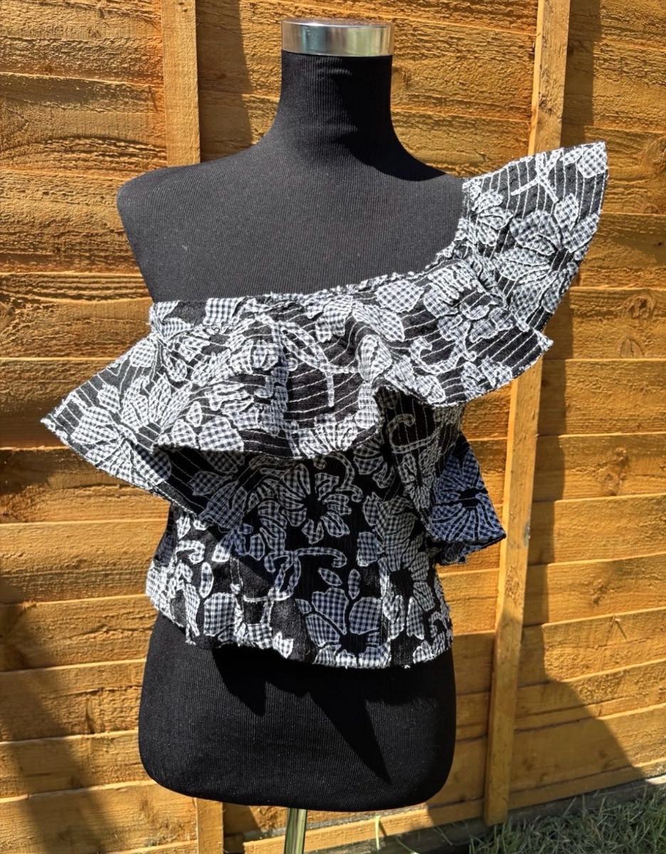 Zara Black White Gingham Check Ruffle One Shoulder Top Size Medium New with Tags