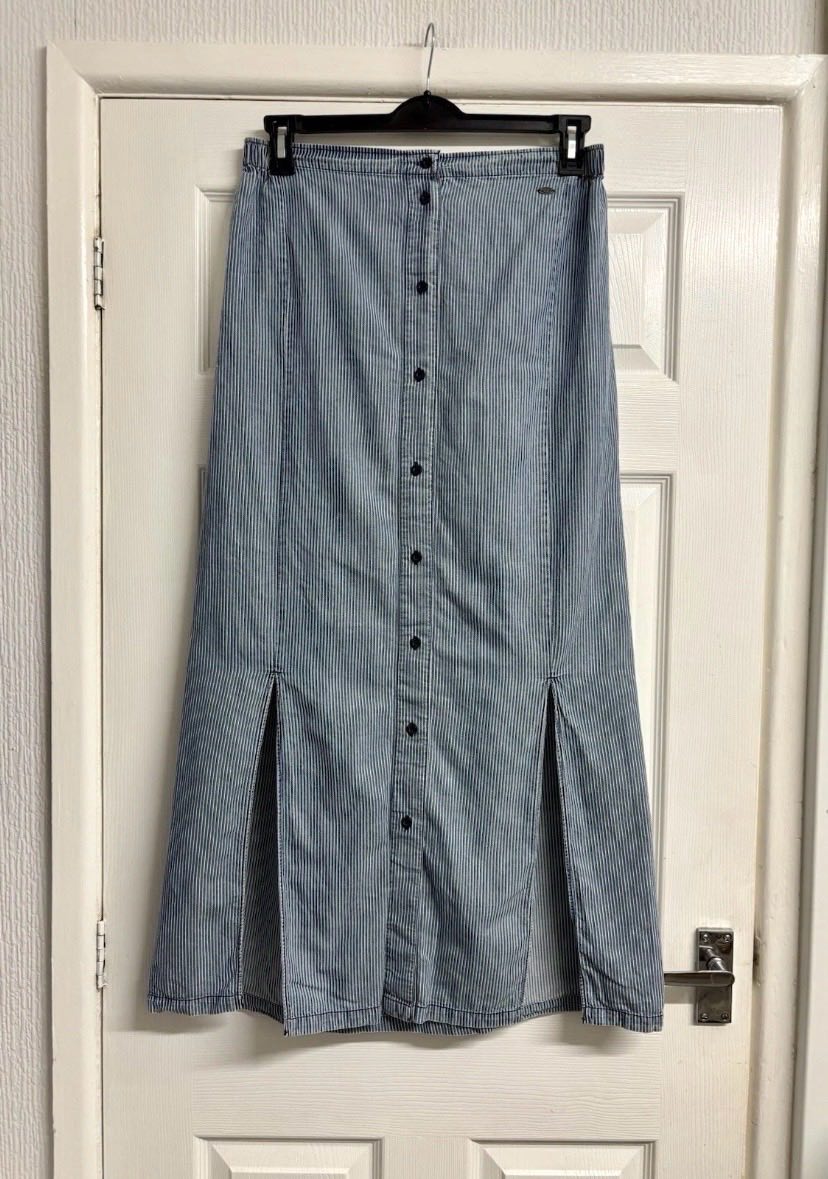 Animal Blue Pinstripe Maxi Skirt with Button-Front and Side Slits Size 14
