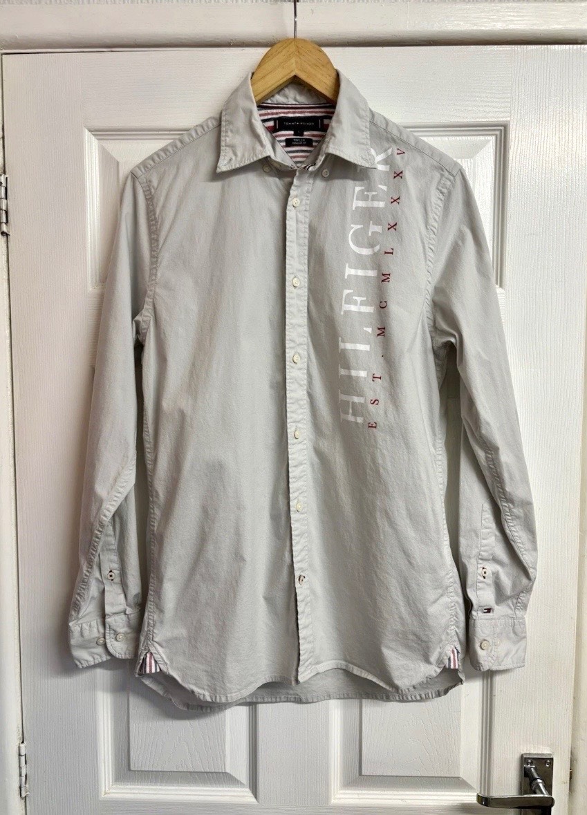 Tommy Hilfiger Logo Long Sleeve Shirt - Light Grey Regular Fit Size Small