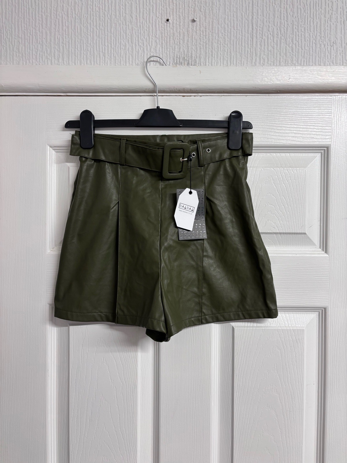 NaaNaa Khaki Olive Green Faux Leather Belted Shorts - Size UK 8 (BNWT)