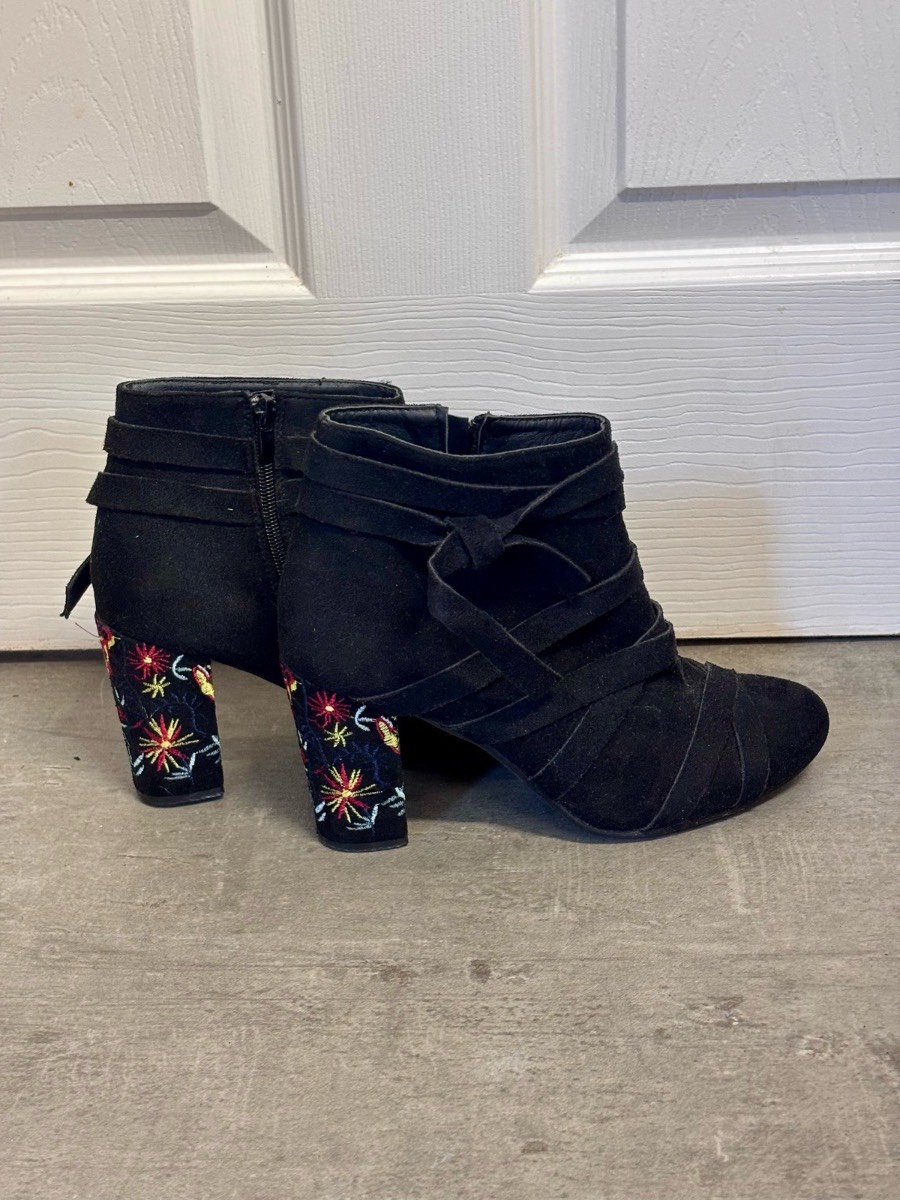Joe Browns Black Faux Suede Embroidered Block Heel Ankle Boots - UK 7