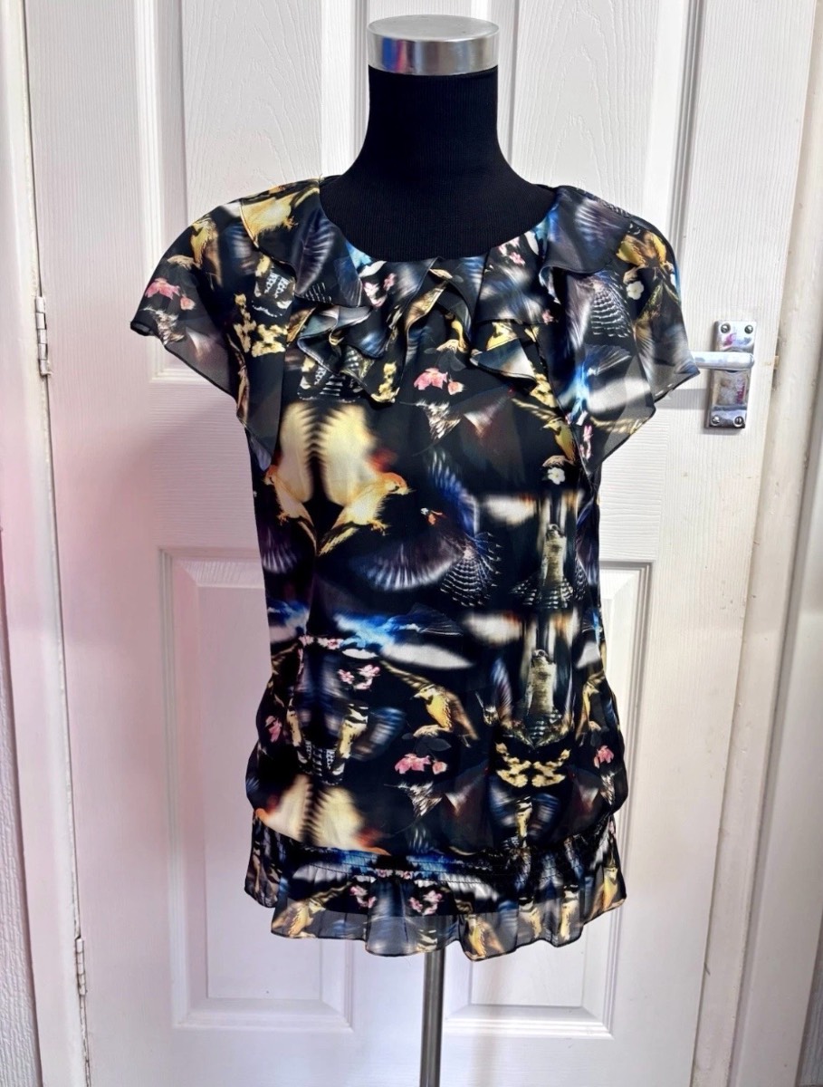 Ted Baker London Hummingbird Print Black Sheer Blouse - Size 1 - UK 8