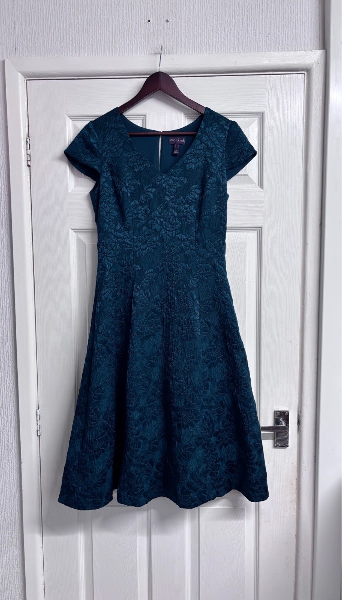 Long Tall Sally Emerald Teal Jacquard Floral Fit & Flare Dress - UK 10