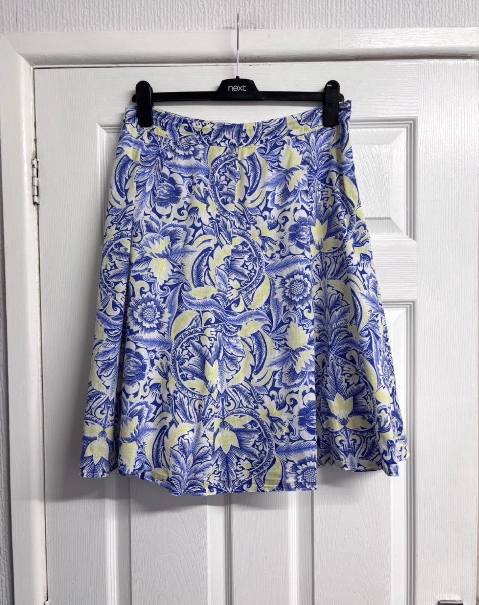 Per Una M&S Blue & Yellow Floral A-Line Midi Skirt Size 14