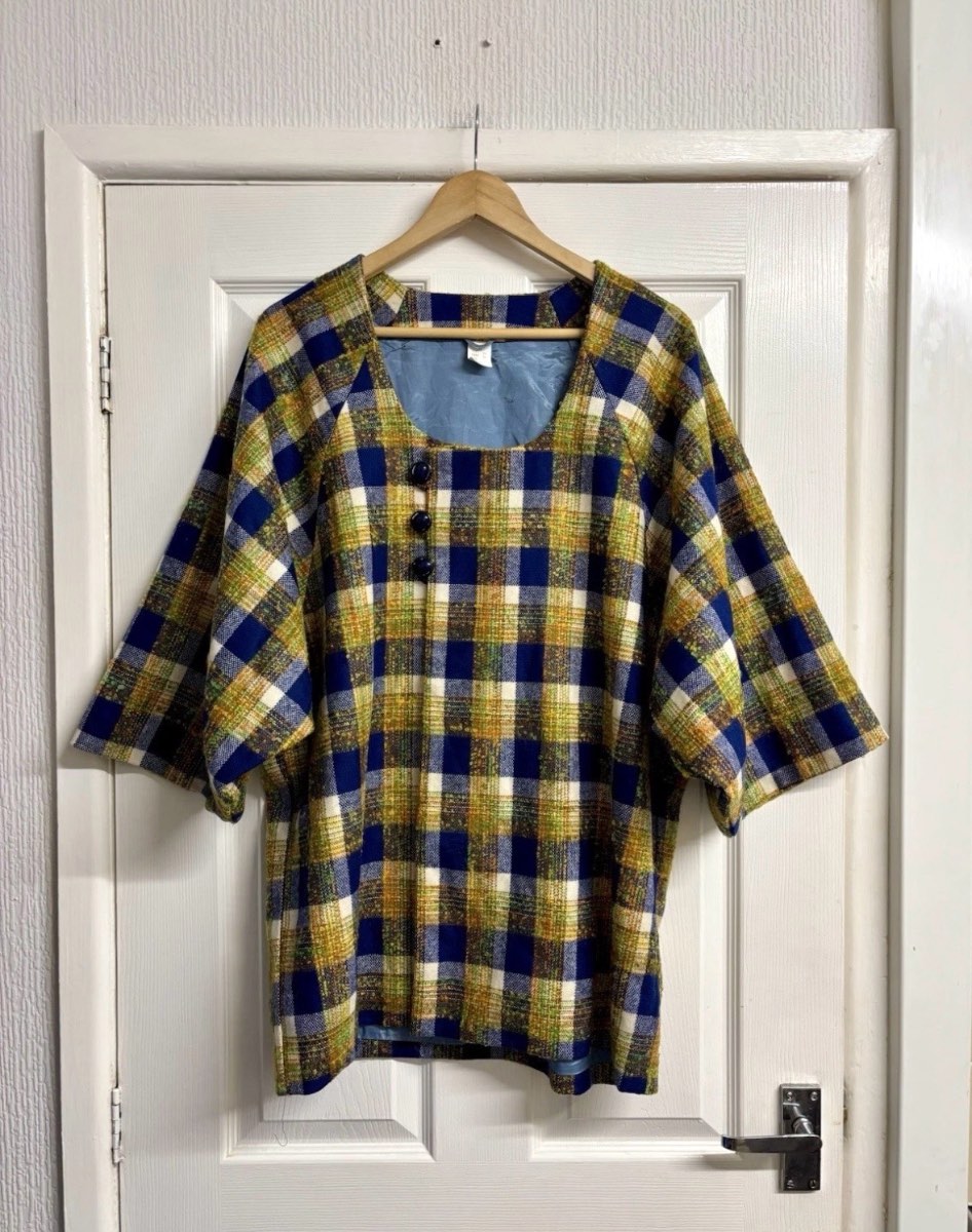 Vintage Plaid Kimono Sleeve Tunic Top Medium Blue Yellow Green