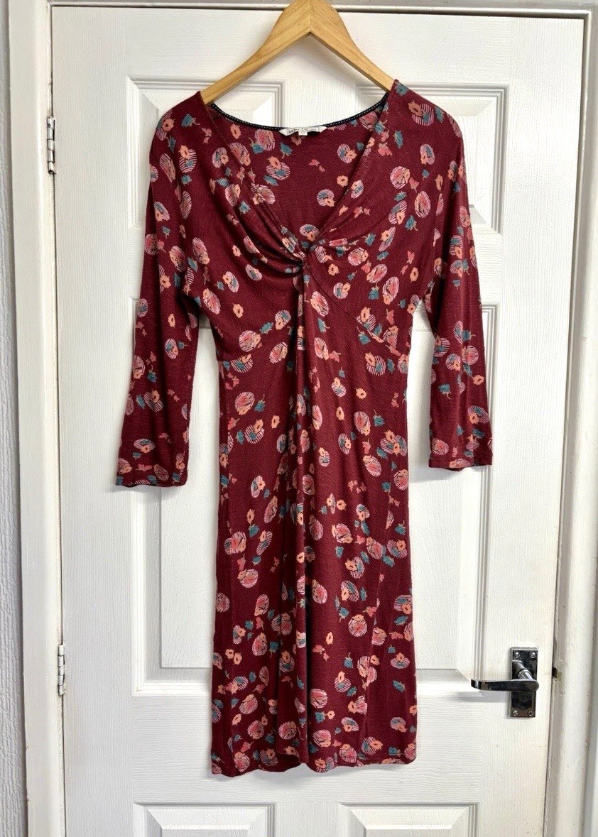 Fat Face Burgundy Floral Print 3/4 Sleeve Midi Dress UK 12