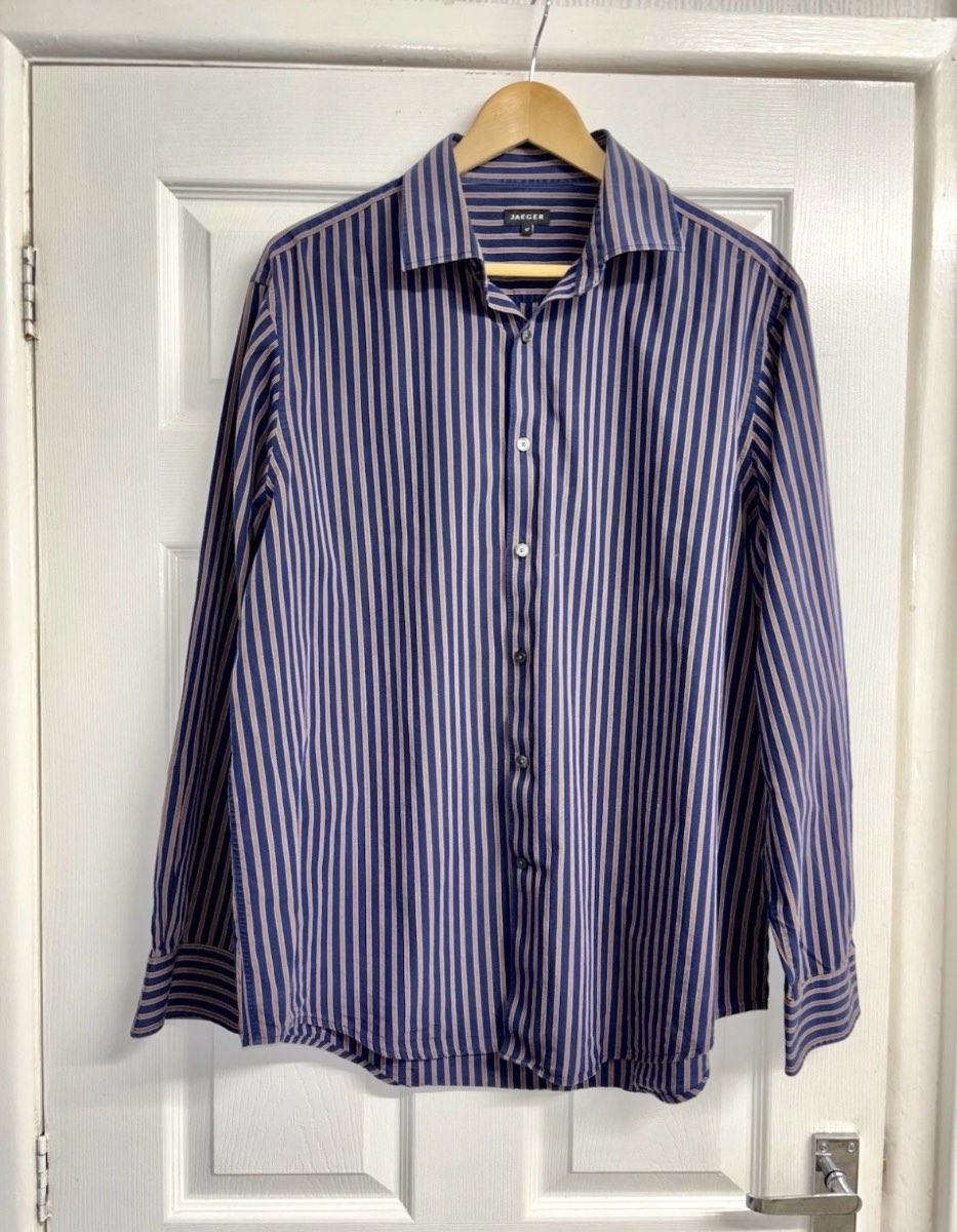 Jaeger Long Sleeve Navy Blue Striped Formal Shirt Size 17”