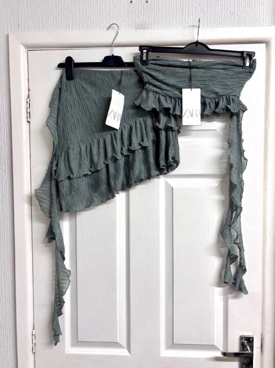 Zara Sage Green Two-Piece Coord Set Crop Top & Mini Skirt Size Medium New NWT