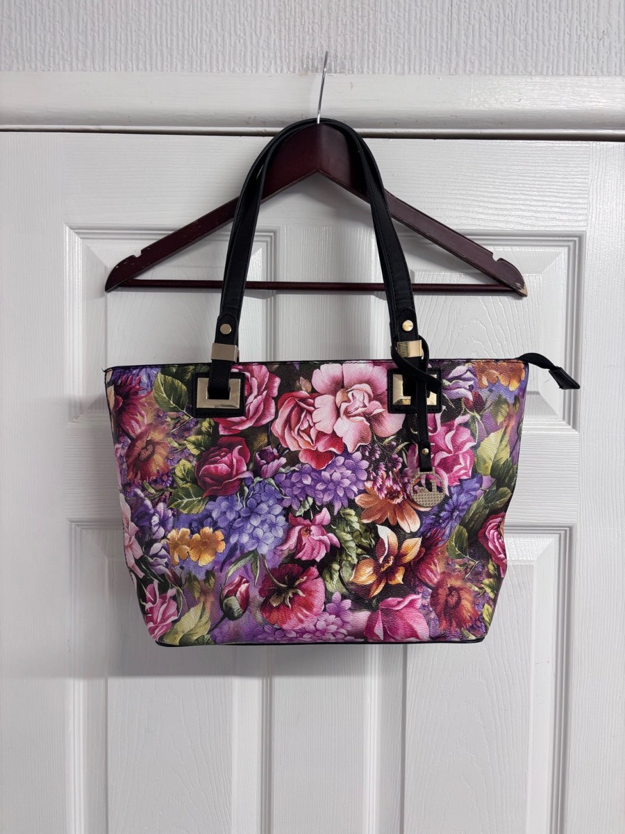 Vibrant Floral Print Faux Leather Tote Bag