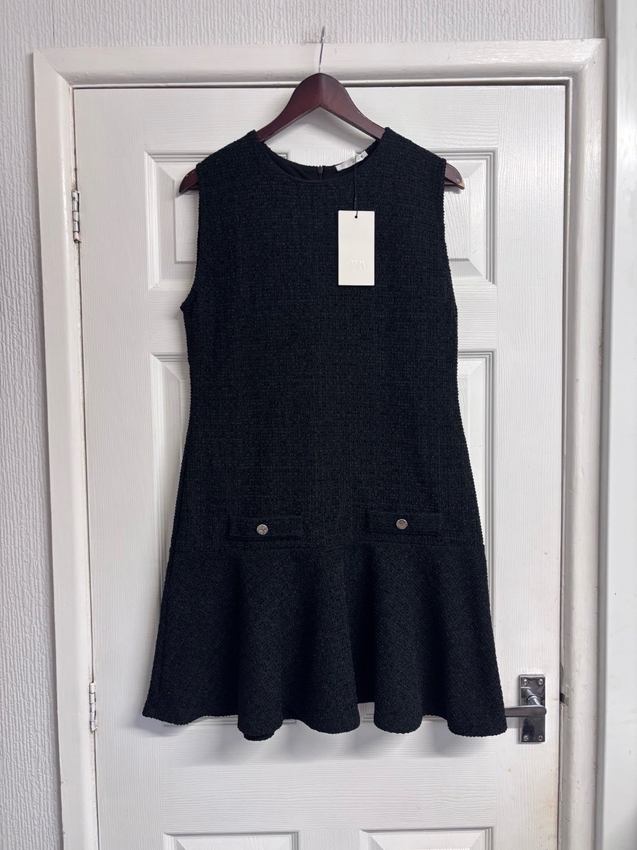 Zara Black Textured Bouclé Tweed Drop-Waist Mini Dress (Size L) New With Tags