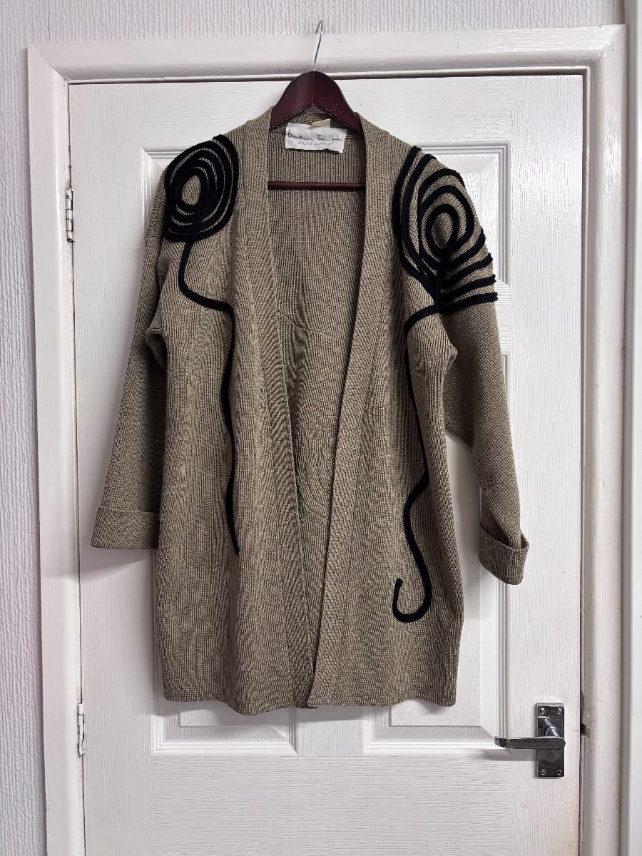 Vintage Barbara Faulkner Couture Knits Longline Khaki Cardigan With Embroidery