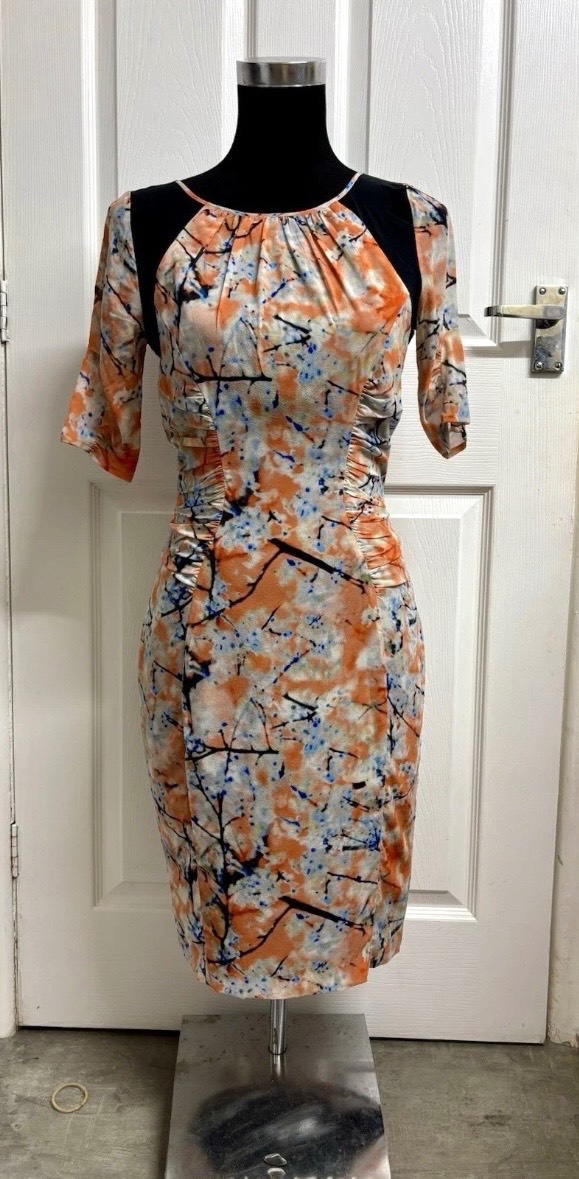 Mint Velvet Silk Floral Ruched Midi Dress Orange 3/4 sleeve UK 8