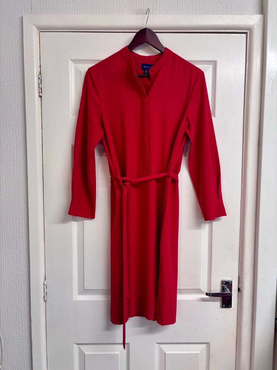 GANT Vibrant Red Long-Sleeve Belted Midi Dress - Size UK 10