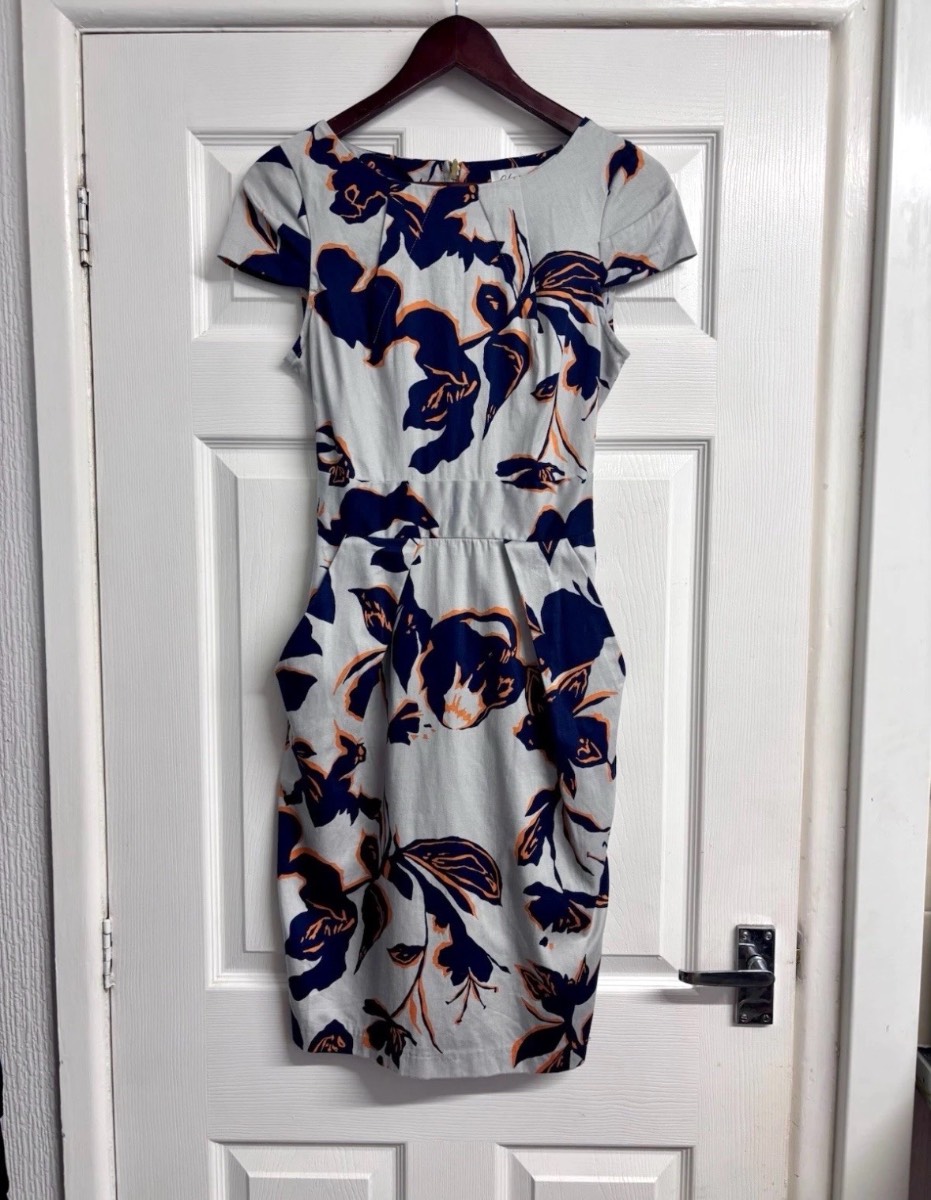 Closet London Floral Tulip Grey & Navy Dress with Pockets UK Size 10