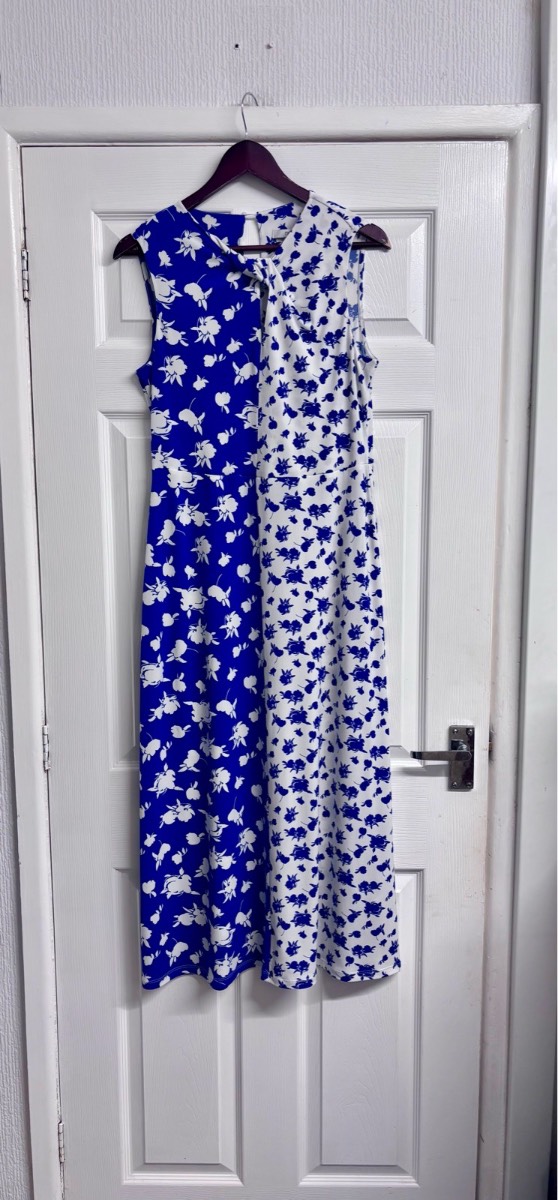 Next Blue & White Colour-Block Floral Midi Dress – Size 12