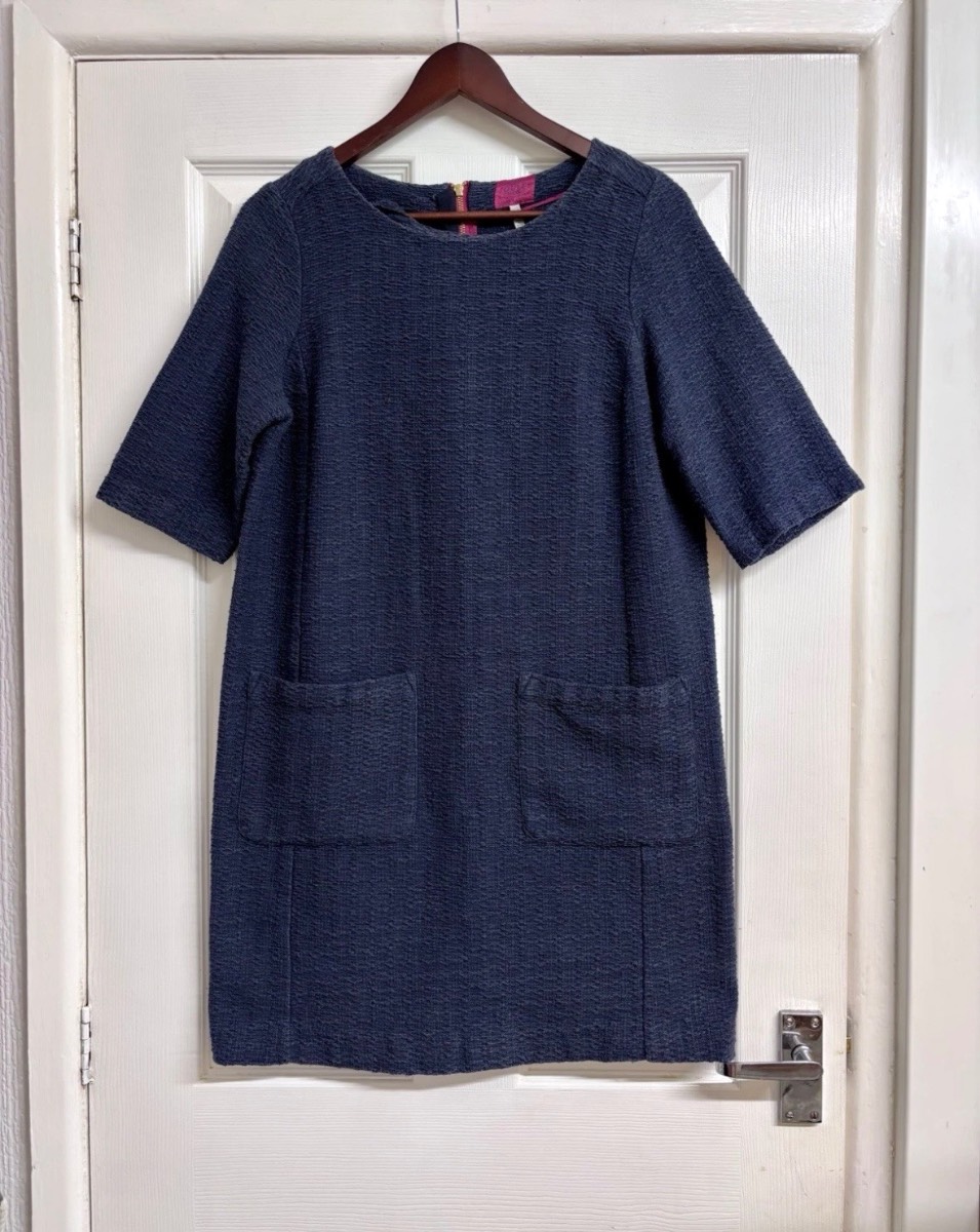 Joules Navy Blue Textured Short Sleeve Shift Dress - Size UK 12