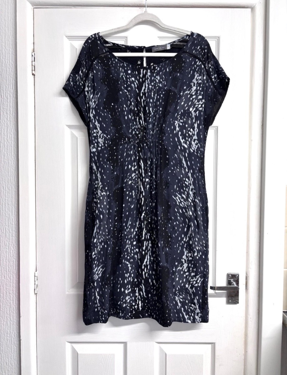 Mint Velvet Black & Grey Abstract Print Shift Midi Dress with Lace Back Size 14