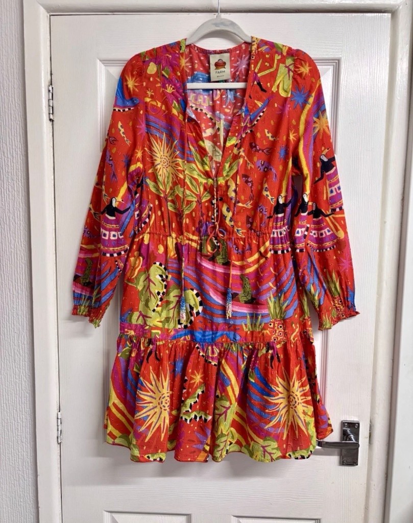 Farm Rio Red Tropical Macaw & Leopard Print Mini Dress Size Medium