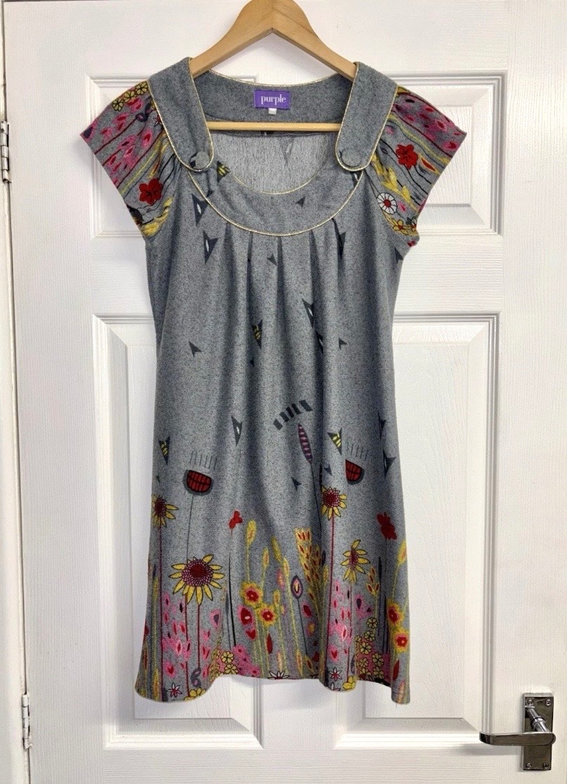 Purple Short Sleeve Floral Grey Tunic Dress Size Small