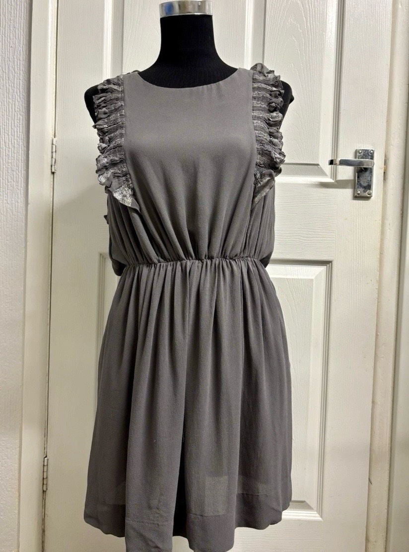 Whistles 100% Silk Grey Ruffle Mini Dress UK Size 12