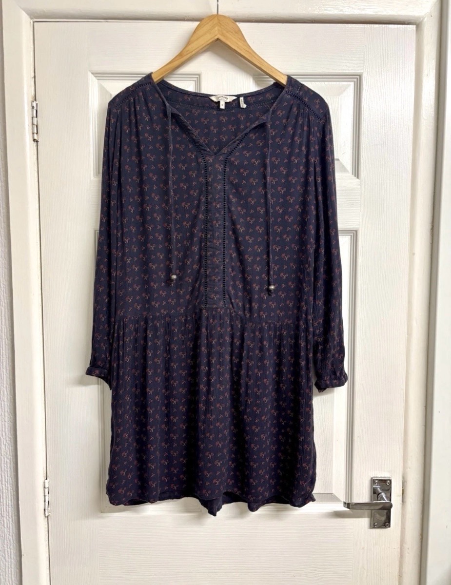 FatFace Black Floral Print Long Sleeve Tunic Mini Dress UK 8