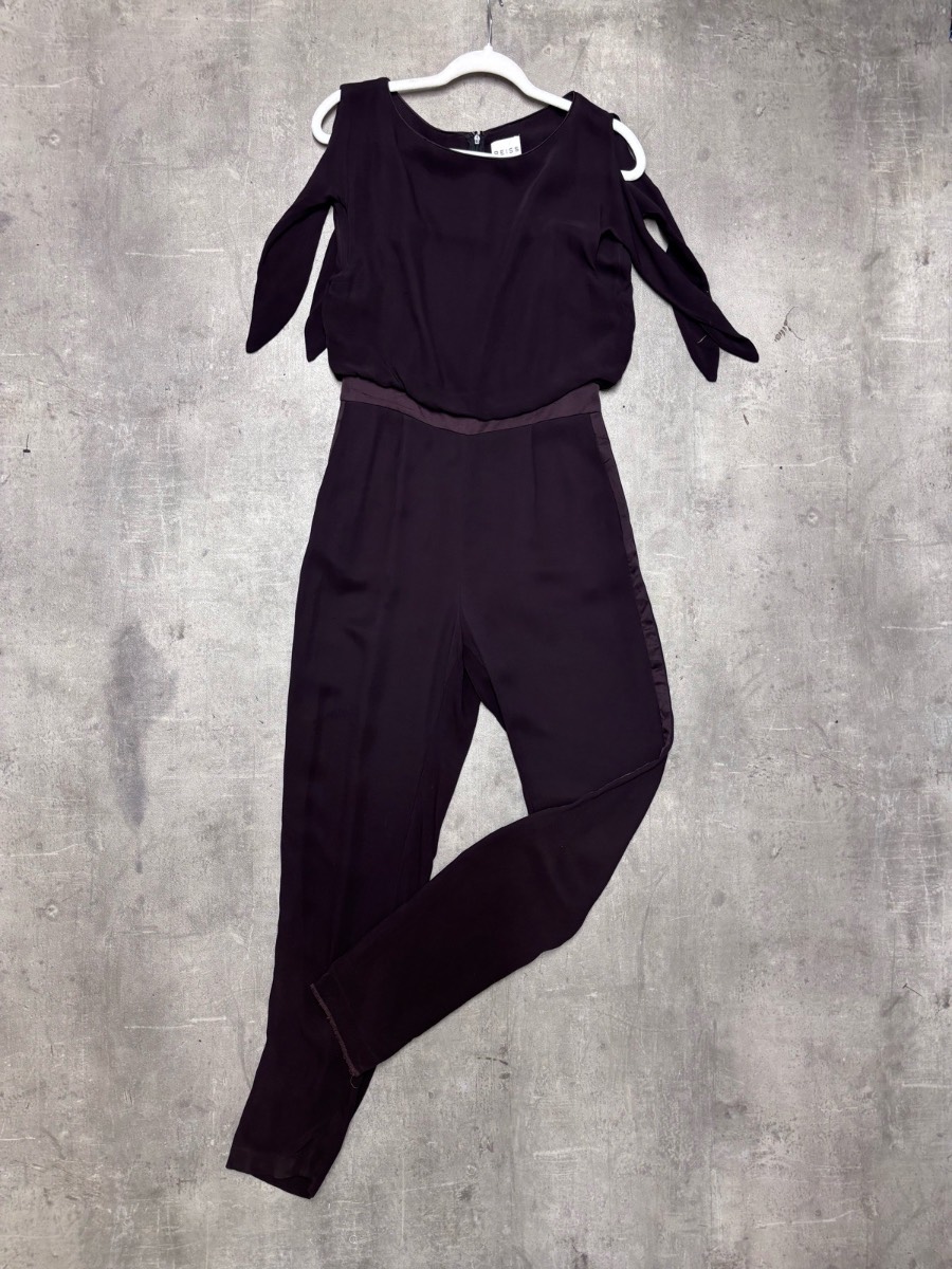 REISS Dark Chocolate Brown Cold-Shoulder Tie-Sleeve Jumpsuit - Size UK 10